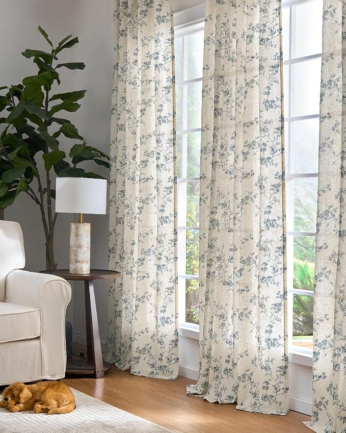 jinchan Blue Floral Linen Curtains 63 Inch French Country Back Tab 2 Panels | Flower patterned, short drapes, farmhouse, light filtering, bedroom, living room, kitchen, small window treatment, rod pocket