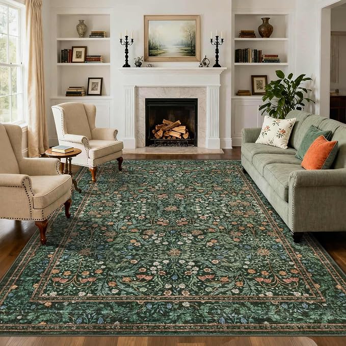 Rugxara Green 8x10 Area Rugs for Living Room Bedroom Large Washable Rug | Non Slip, Rug for Dining Room Office Kids Room, Stain Resistant, Soft, Low Pile, Vintage Boho Retro Carpet,Home Decor