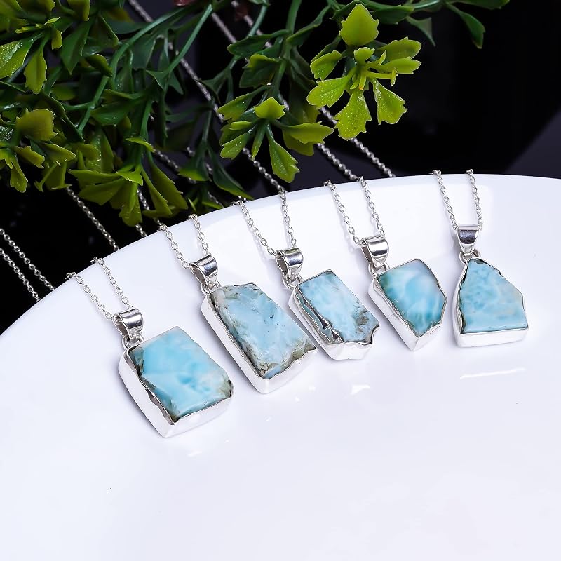 Natural Real Raw Larimar Crystals Bezel Pendant Necklace, Birthstone, Healing Rough Gemstone, 925 Sterling Silver Jewelry 18 inch
