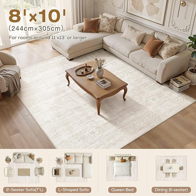 Nakagishi 8x10 Area Rugs Living Room: Washable Large Vintage Rug Neutral Non-Slip Soft Stain Resistant Indoor Carpet for Bedroom Nursery Dining Room Office Playroom - Beige White