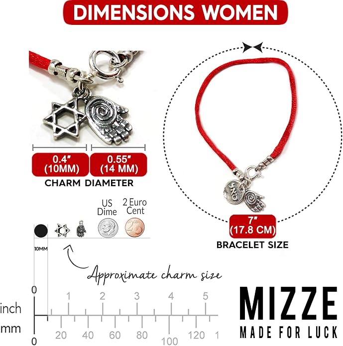 Sterling Silver Star of David Charm & Lucky Hamsa Hand Charms Bracelet on Red String Bracelet - Jewelry for Women Men & Teens - 7" Length