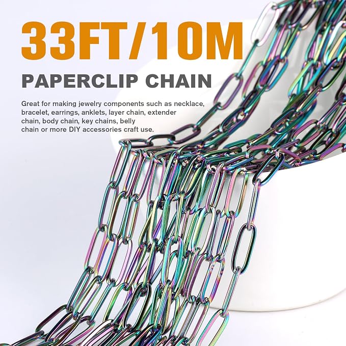[16.5 Ft] Stainless Steel Paperclip Chains Roll, 4.3mm Width Rainbow Plated Stainless Steel Oval Link Chains Spool Bulk for Jewelry Making