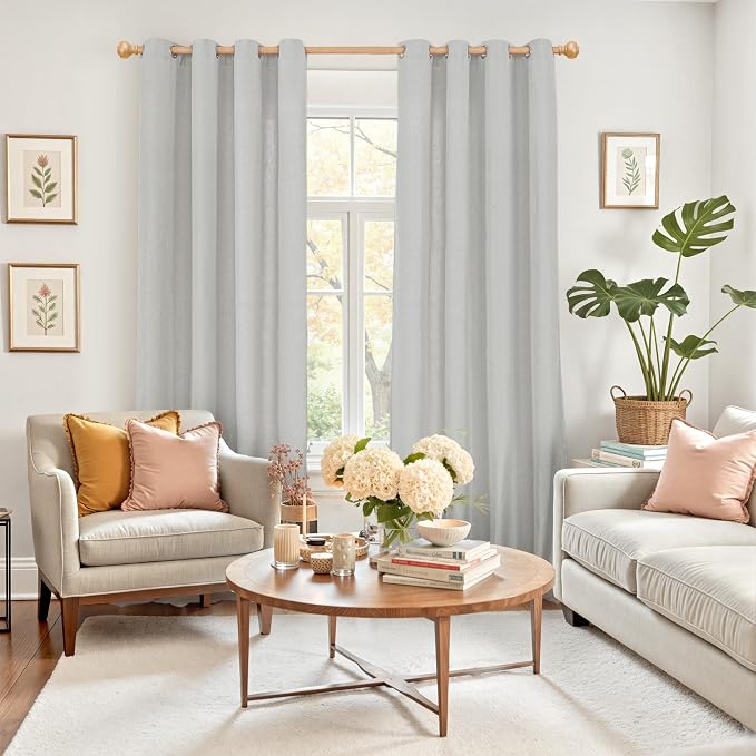 YoungsTex 90 Inches Length Linen Curtains for Living Room 2 Panels, Grey Window Drapes Rustic Burlap with Grommet for Bedroom Dining Country Privacy, 2 Panels, 52 X 90 Inch