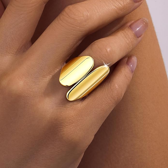 Gelbesty Waterproof Gold Statement Rings for Women, 14K Gold Plated Chunky Open Stackable Rings Non Tarnish Fashion Adjustable Stainless Steel Pinky Knuckle Signet Vintage Ring Jewelry Size 5-11