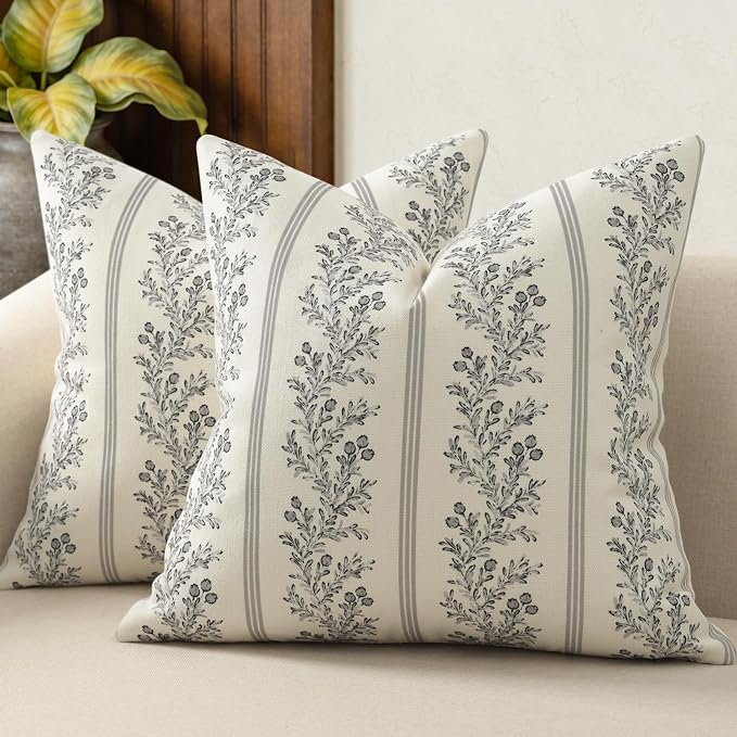 Vintage Throw Pillow Covers 22x22 Set of 2, Striped Floral Pillow Cover Botanical Patterned Decorative Cushion Covers Modern Farmhouse Home Decor for Sofa Couch Bed Living Room, Soft Ash