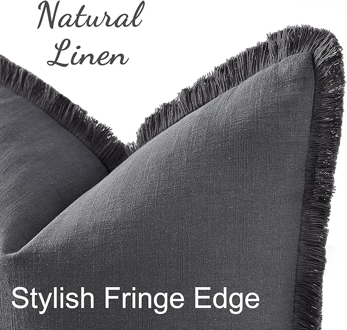 decorUhome Linen Fringe Dark Grey Throw Pillow Covers 12x20 Set of 2 | Decorative Soft Accent Modern Boho Farmhouse Lumbar Cushion Covers with Tassels Cotton Pillow Covers for Couch Bed Sofa