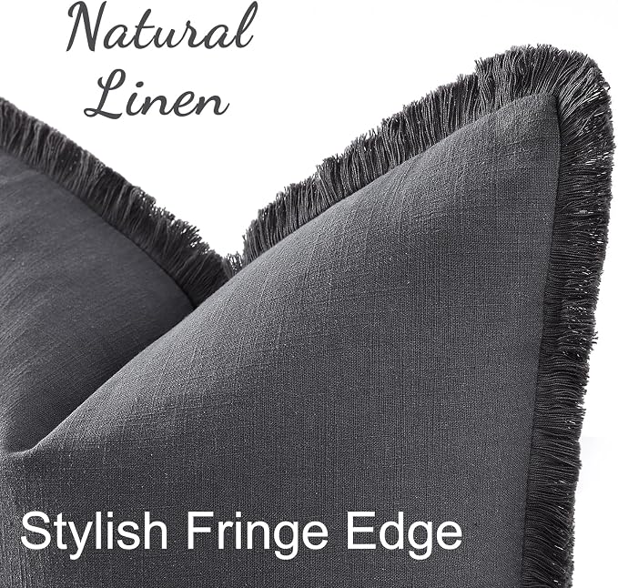 decorUhome Linen Fringe Dark Grey Throw Pillow Covers 24x24 Set of 2 | Euro Sham Decorative Soft Accent Modern Boho Farmhouse Cushion Covers with Tassels Cotton Pillow Covers for Couch Bed Sofa