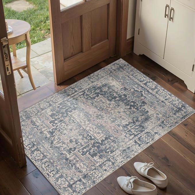 Rugxara 2x3 Entryway Rug Door Mat, Washable Samll Rug, Non Slip, Blue | Rug for Entry Entrance Bathroom Kitchen, Stain Resistant, Soft Throw Accent Rug, Low Pile Front Door Mat, Vintage Boho Carpet