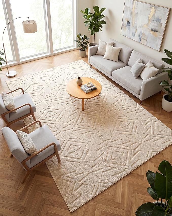 Carvapet 5x7 Area Rug - Beige Modern 3D High Low Pile Texture Floor Carpet, Washable Soft Plush Velvet Rug with Skid-Resistant Rubber Backing for Living Room Bedroom Nursery