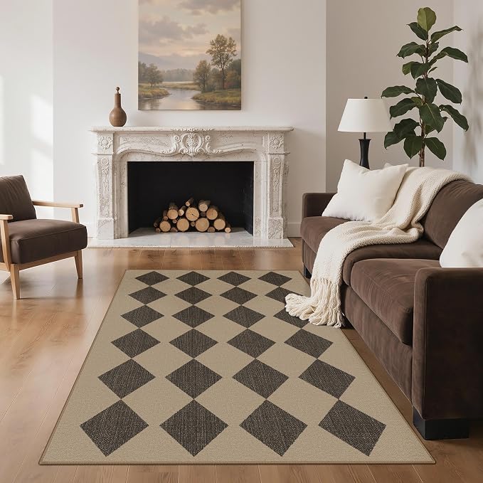 GENIMO Indoor Outdoor Area Rug 5'x8', Checkered Easy Jute Rug Machine Washable, Easy-Cleaning, Non Slip Geometric Diamond Outdoor Carpet for Patio, Living Room, Backyard, Porch, Deck, Balcony