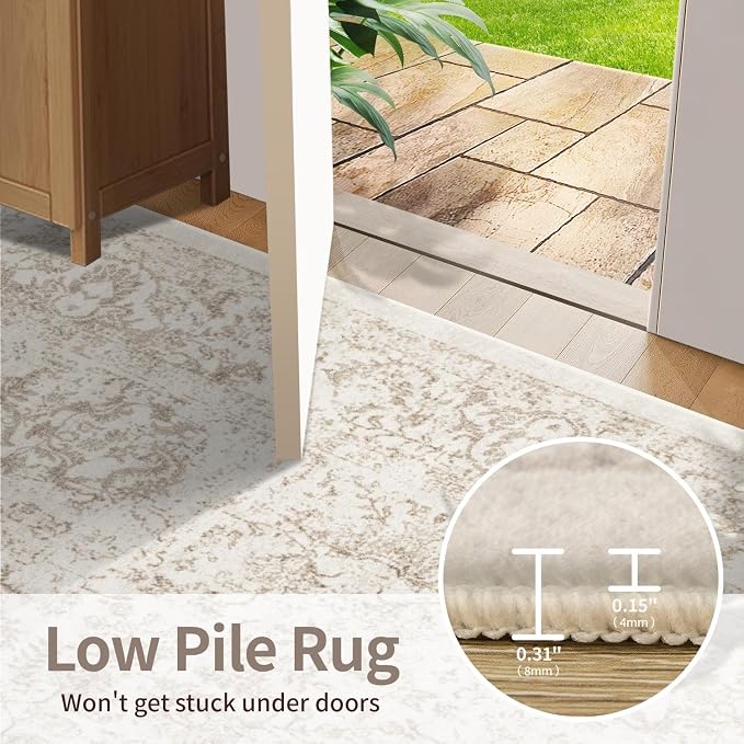 Rugxara 2x10 Washable Runner Rug, Non Slip Boho Runner Rugs for Hallway, Kitchen, Entrance, Bathroom, Laundry Room, Soft Ultra-Thin Entryway Carpet, Throw Low Pile Retro Imitation Carpet, Brown