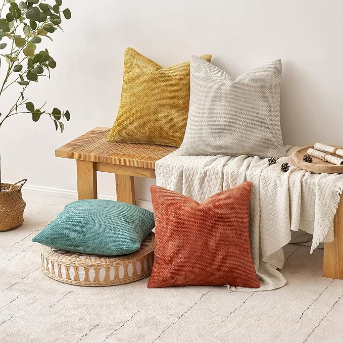 MIULEE Pack of 4 Couch Throw Pillow Covers 18x18 Inch Neutral Orange/Teal Soft Decorative Chenille Pillow Covers Farmhouse Accent Cushion Covers for Boho Fall Home Decor Sofa Bedroom Living Room