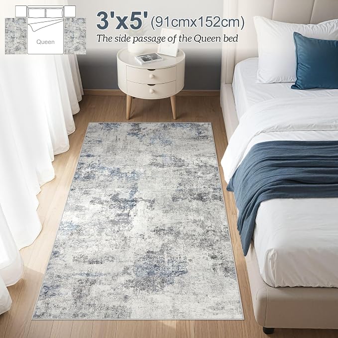 DMOYEST 3x5 Area Rug - Washable & Non Slip Living Room Rug, Ultra Soft Abstract Low Pile Carpet, Kid & Pet Friendly Modern Decor for Bedroom and Home Office - Grey Blue