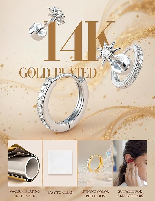 Florideco Flat Back Earrings Hypoallergenic Surgical Steel Earrings for Women Trendy Cartilage Chain Earring 14K Gold Plated Star Heart CZ Flatback Stud Earring Sets for Multiple Piercing
