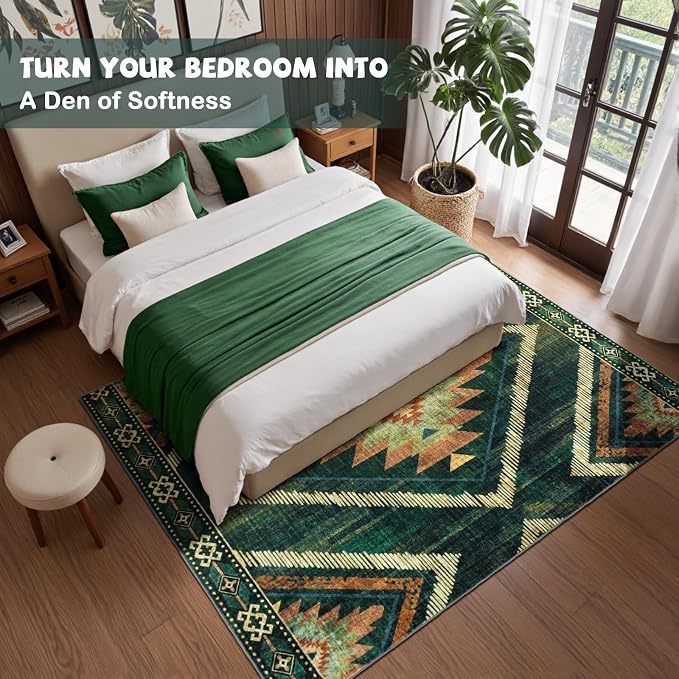 Boho Green Area Rugs 5x7Ft Non Slip, Large Low Pile Washable Rugs for Living Room, Soft Bedroom Nursery Area Floor Carpets for Dining Room Kids Playroom Farmhouse Office Spring Summer