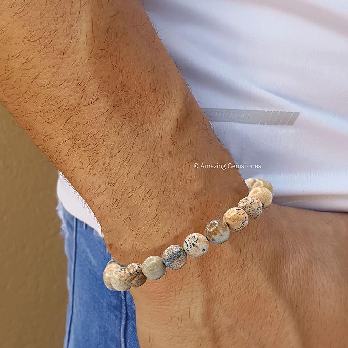 Amazing Gemstone Picture Jasper Bracelet for Women Men's Gifts - Protection Healing Crystal Bracelet - 8mm Beaded Adjustable Bracelet Pulseras para Hombres Mujer Stocking Stuffers
