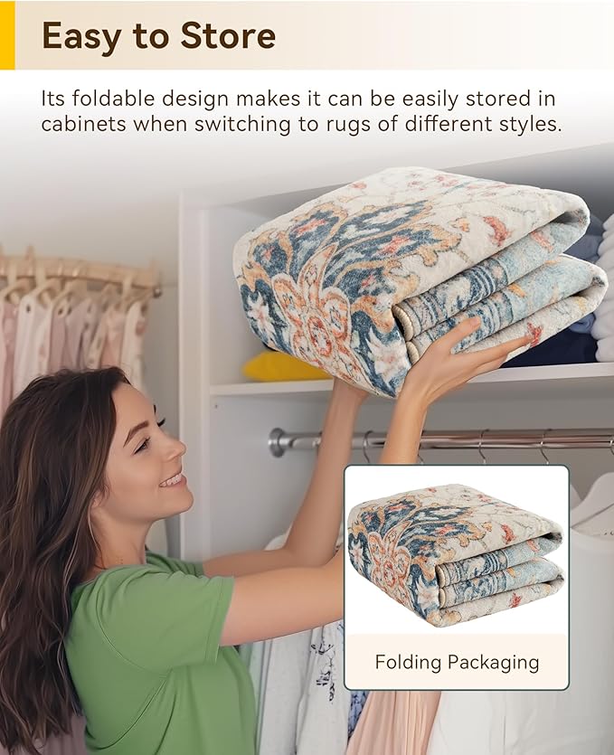 RELEANY Area Rugs Round 7ft Washable Non-Slip, Floral Vintage Distress Medallion Carpet for Living Room Bedroom Dining Room, Beige Navy Blue Orange Colorful