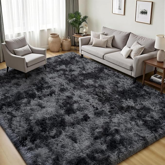 Area Rug for Living Room Bedroom: 5x7 Black Grey Soft Fluffy Shag Upgrade Non-Slip High Pile Carpet Large Fuzzy Plush Indoor Floor Decor Shaggy Rug for Kid Boys Girls Playroom Nursery Modern Home