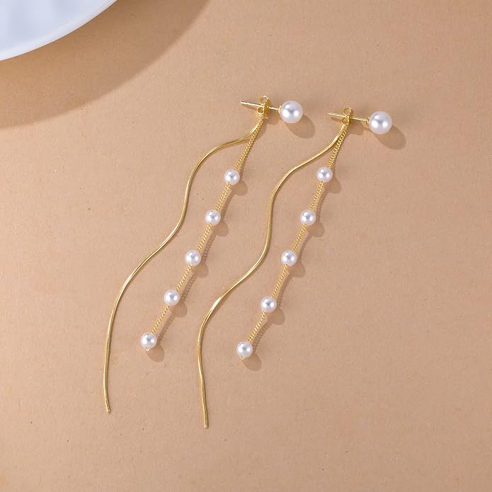 SLUYNZ Solid 925 Sterling Silver Simulated Shell Pearl Dangle Earrings Chain for Women Teens Elegant Long Dangle Earrings Tassel Wedding Bridal Earrings Prom Party Engagement Jewelry