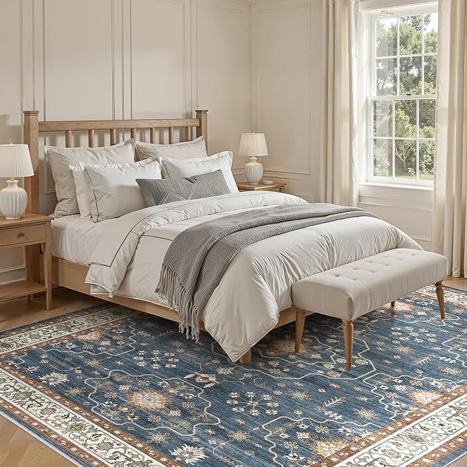 10x12 Area Rug for Living Room- Machine Washable Soft Oriental Vintage Large Indoor Floor Carpet for Bedroom Under Dining Table Home Office Decor - Dark Blue