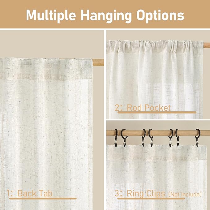 LAMIT 40 Inch Linen Semi Sheer Curtains for Small Window, Light Filtering Neutral Drapes Farmhouse Boho Back Tab and Rod Pocket Panels, Cream, 2 Panels, 52 x 40 Inch