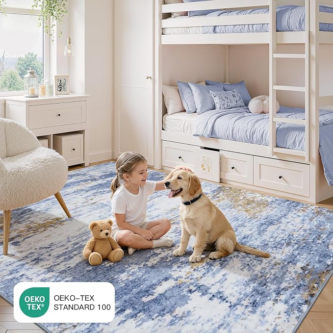 Lofus 9x12 Area Rug for Living Room, Abstract Large Rugs with Non-Slip Backing, Neutral Modern Washable Carpet for Bedroom Dining Room Home Office Nursery Indoor,Light Blue/Brown