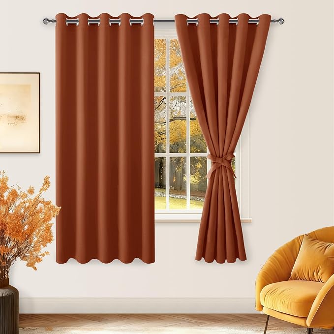 Hiasan Fall Grommet Blackout Curtains for Bedroom, 60 x 72 Inches - Thermal Insulated & Light Blocking Window Drapes for Living Room/Dorm Room, Set of 2 Panels Sewn with Tiebacks, Burnt Ochre