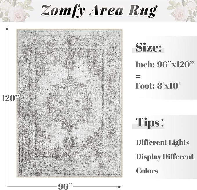 Area Rug 8x10 Vintage Rugs: Large Washable Indoor Medallion Rug Low Pile Distressed Floor Carpet Retro Accent Rugs for Living Room Bedroom Kitchen Dining Table Home Office(Grey, 8'x10')