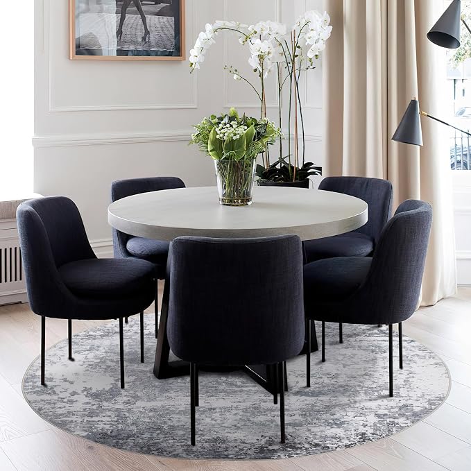 ROYHOME Modern Abstract 4x4 Round Area Rug Non Slip Non Shedding Rug Low Pile Stain Resistant for Bedroom Living Room Office Dining Room,Light Grey