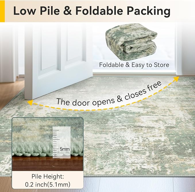 RELEANY Washable Area Rugs 5'x8' Non-Slip Modern Abstract Soft for Living Room Entryway Bedroom Kitchen, Print Pattern, Light Green/Yellow