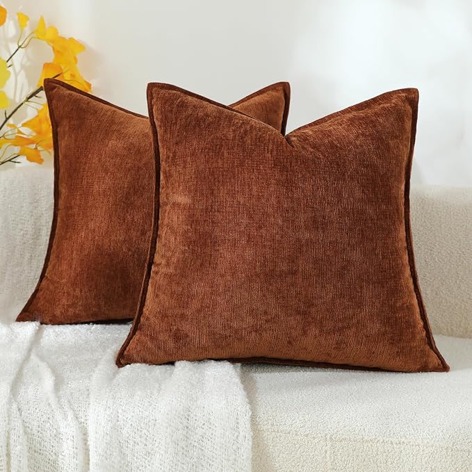 Stellhome Pack of 2 Soft Textured Throw Decorative Pillow Covers Square Accent Solid Chenille Cushion Cover Cozy Farmhouse Pillow Case for Couch Sofa Bedroom Living Room 26x26 Inch, Mocha Brown