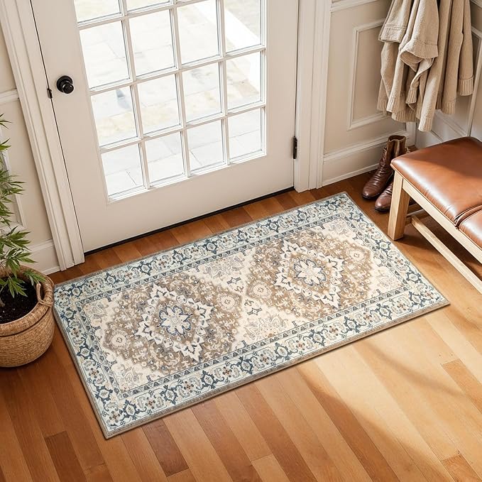 Lessymo 2 x 4 Entryway Rug, Machine Washable Area Rugs Boho Faux Wool Low Pile Area Rug for Bedroom, Floral Medallion Vintage Outdoor Rugs with Non-Slip Rubber,Brown Beige