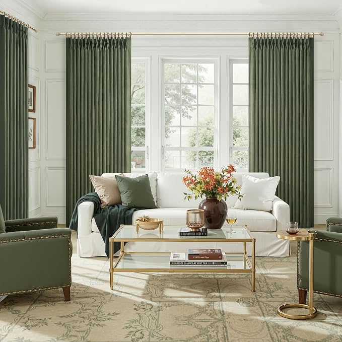 Pleated Natural Linen Loden Living Room Curtains for 96 Inches Long , Memory Trained Dark Green Semi Sheer Heavy Curtain 8FT Length Light Filtering Bedroom Rustic Windows Drapes (50Wx96LxPanels of 2)