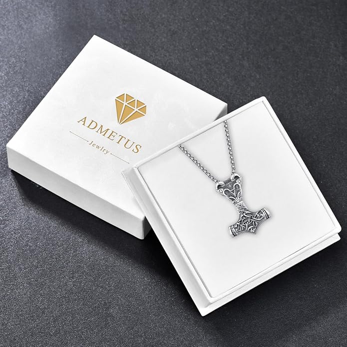 ADMETUS 925 Sterling Silver Thor Hammer Necklace Viking Mjolnir Pendant Jewelry Gifts for Men with 2.5mm 22"+2" Rolo Chain
