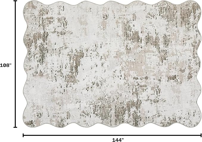ROYHOME 9x12 Modern Abstract Scalloped Accent Rug Non Slip Stain Resistant Throw Rug Low Pile Machine Washable Indoor Floor Cover for Living Room Bedroom Office Home Decor, Taupe