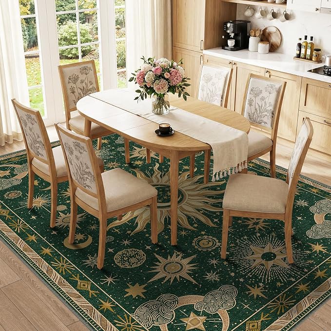 Vacuum-Friendly, 8x10 Washable Area Rug, Green Gold Yellow | Sun and Moon Boho Gothic Non-Slip Low Pile Living Roon Bedroom Dining Room Kitchen Entry Entryway Entrance Hallway Doormat