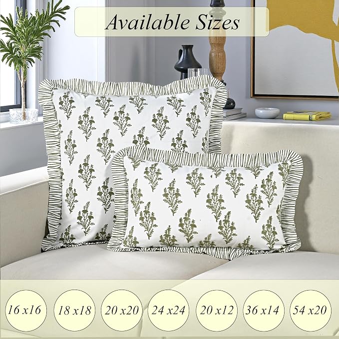Ridhi Natural Spring Block Print Ruffle Throw Pillow Cover 18" x 18" (Pack of 2) Decorative Cushion Covers with Ruffle for Couch, Sofa, Bed, Living Room, Home Decor Gift for Spring, Mother's Day