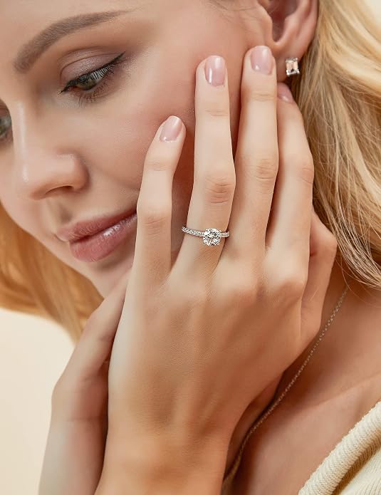 EAMTI 925 Sterling Silver 1.2 CT Round Solitaire Cubic Zirconia Engagement Ring Halo Promise Ring Size 3-13