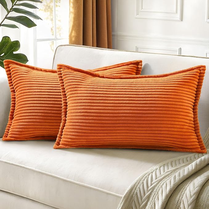 decorUhome Fall Corduroy Burnt Orange Throw Pillow Covers 12x20 Set of 2 | Lumbar Couch Decorative Soft Modern Boho Farmhouse Pillow Covers Broadside Striped Pillow Cases for Living Room Bed Sofa