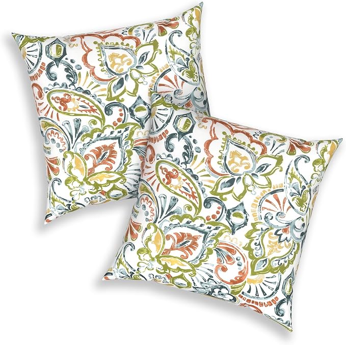 Outdoor 20x20 Inch Throw Pillows with Inners, Square Pillows Decorative Set of 2 for Home Garden Furniture, Paisley Botanical