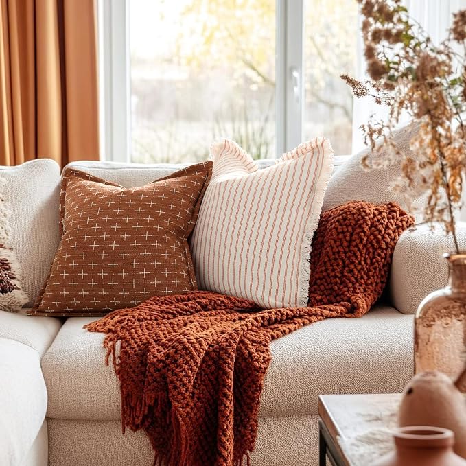 ZWJD Throw Pillow Covers 22x22 Set of 2 Striped Pillow Covers with Fringe Chic Cotton Decorative Pillows Square Cushion Covers for Sofa Couch Bed Living Room Farmhouse Decor