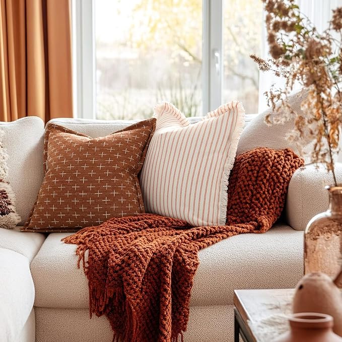 ZWJD Throw Pillow Covers 26x26 Set of 2 Striped Pillow Covers with Fringe Chic Cotton Decorative Pillows Square Cushion Covers for Sofa Couch Bed Living Room Farmhouse Decor