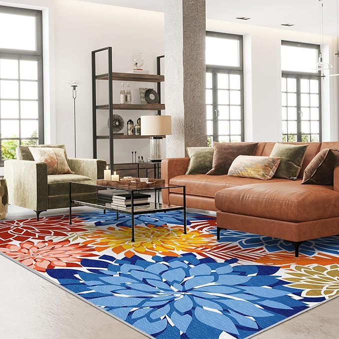 Colorful 4x6 Outdoor Area Rug Washable Rugs Multicolored Patio Rug Tropical Botanical Floral Chenille Outdoor Carpet Non Slip for RV, Pool Deck, Backyard, Porch, Vivid Dahlia