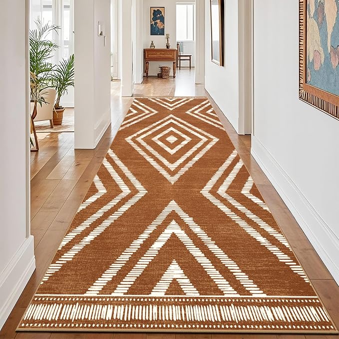 Boho 4x10 Hallway Runner Rugs Non Slip, Long Brown Washable Farmhouse Kitchen Rug Runners Non Shedding, Moroccan Floor Carpets for Bedroom Entryway Living Room Home Decor