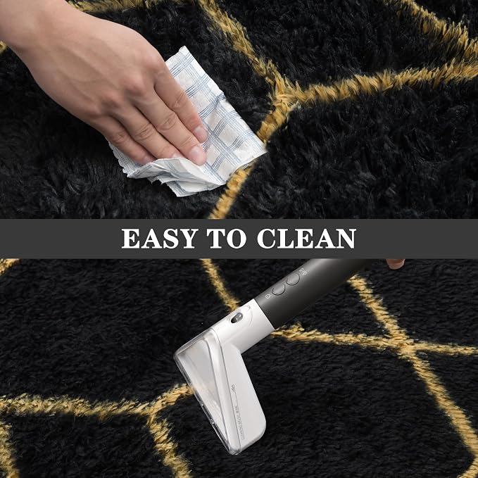 Fluffy Rug for Bedroom, Soft 4x6 Black Shag Plush Geometric Area Rugs | Modern Black and Gold Rug, Non Slip Carpet for Living Room, Aesthetic Home Decor, Fuzzy Floor Mat for Nursery Teen Dorm
