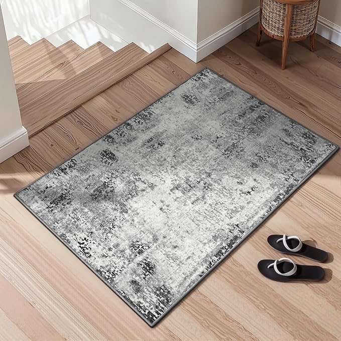 2x5 Grey Rug Runners for Hallways Kitchen Runner Rug Non Slip Washable Black Long Runner Rugs with Rubber Backing Soft Abstract Carpet Runner for Bedroom, Kitchen, Bathroom, Entryway