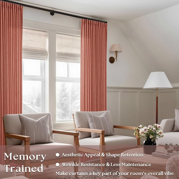 Pleated Farmhouse Firebrick Linen Curtains 102 Inches Long for Living Room | Pinch Pleat Drapes with Hooks Rings for Track System, Light Filtering for Bedroom Sliding Patio Door, 2 Panels W40xL102
