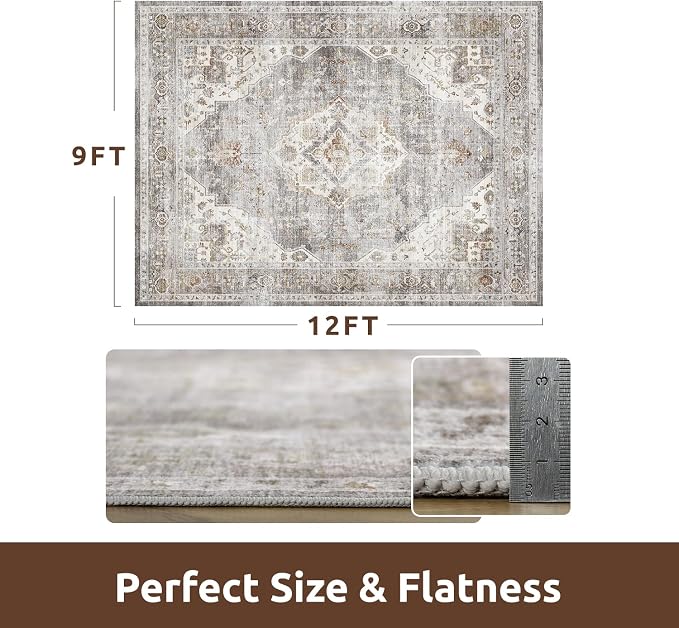 AMOAMI Area Rug - 9x12 Vintage Soft Grey Rug - Non Slip, Washable for Living Room, Bedroom, Dining Room, Office