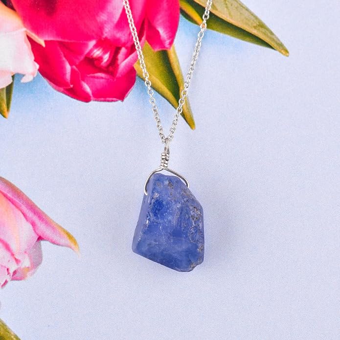 Sliver Pendant Necklace for Women Raw Tanzanite Gemstone, Handmade Jewelry Healing Crystal December Birthstone, Rhodium Plated 925 Sterling Silver Chain 18" Birthday Christmas Day Gifts