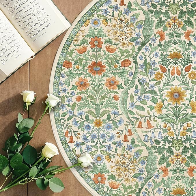 Round Rug 6ft Grass Green Washable Floral Circle Rug,Vintage Boho Botanical Round Area Rugs, Non-Slip Soft Low-Pile Circular Carpet for Bedroom,Kids Room,College Dorm,Home Decor